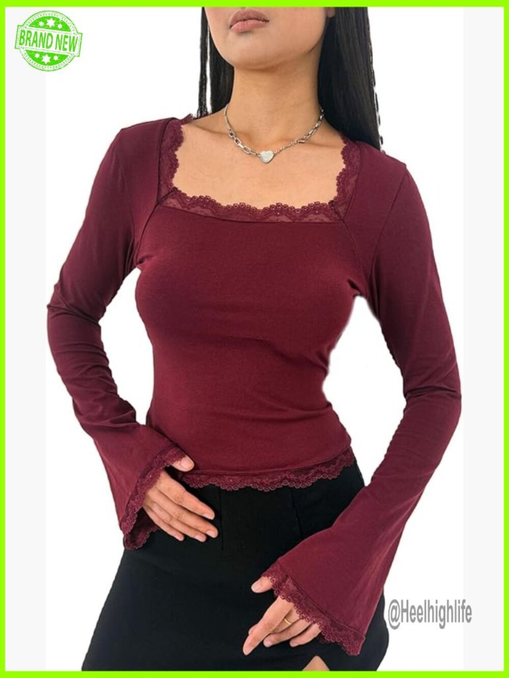 Square Neck Bell Long Sleeve Crop Blouse Lace Trim Slim Fit Y2k Tunic Tee